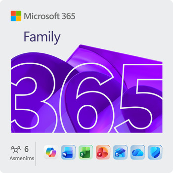 Microsoft 365 Family (Word, Excel, PowerPoint, OneNote, Outlook, Publisher, Access, Copilot) ir jo papildomo internetinio serviso, skirta nekomercinei veiklai, 1 metų naudojimo prenumerata 5 įrenginiams, elektroninis produkto raktas pakuotėje EU rinkai, Angl. k.,